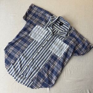 BDG Urban Outfitters Patchwork Plaid Striped Button Down Shirt Mens Medium Blue